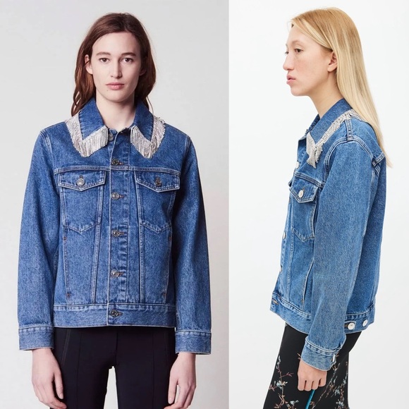 SANDRO Crystal Rhinestone Fringe Collar‎ Oversized Denim Trucker Jean Jacket M - Picture 2 of 15